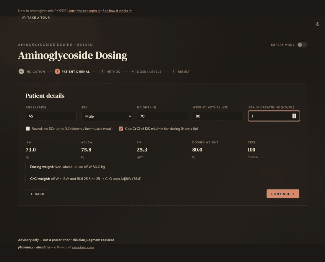 Patient & renal step with the live IBW, AdjBW, BMI, dosing-weight, and creatinine-clearance readout