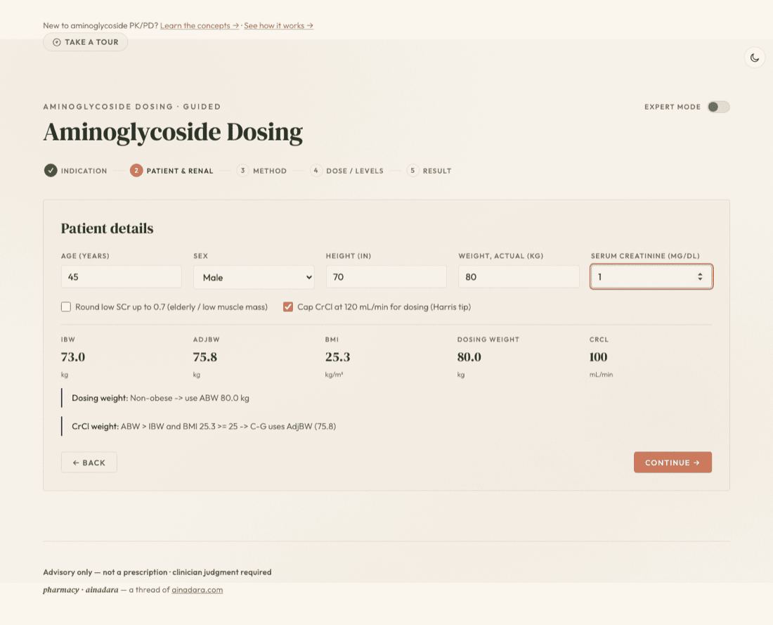 Patient & renal step with the live IBW, AdjBW, BMI, dosing-weight, and creatinine-clearance readout